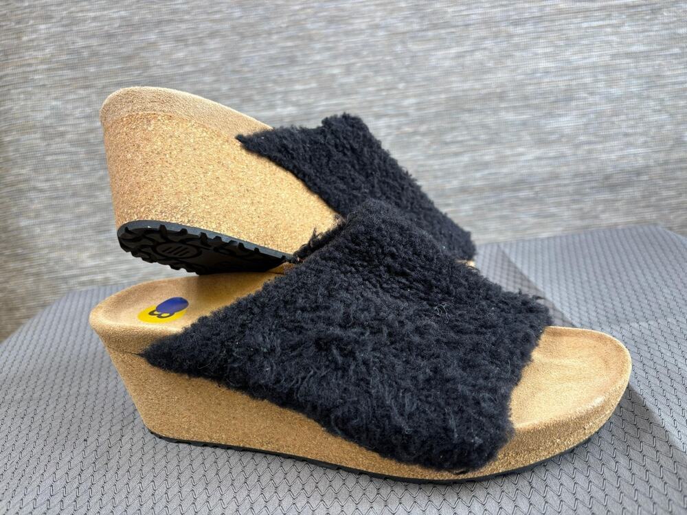 Papillio Faux Fur Wedge Sandals Womens Size US 11 EU 42 Black Slide Comfort NEW